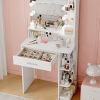 Makeup Vanity Desk with Mirror and Lights, 26.4”Small Vanity Mirror with Lights with Large Drawer and 6 Level Storage, White Vanity with Large Led Mirror with 3 Color Lighting Modes (White)