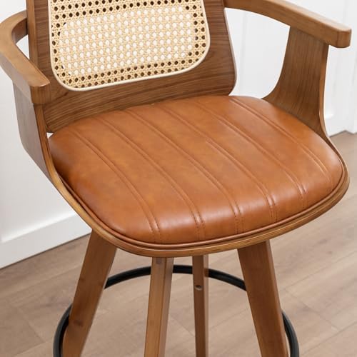 Mid Century Counter Stools, 26.3" Kitchen Island Stools with Curved Back | 360° Swivel, Ergonomic Rattan Back, Walnut Bentwood Frame, Natural Wood Legs, Faux Leather Upholstered for Kitchen, Island