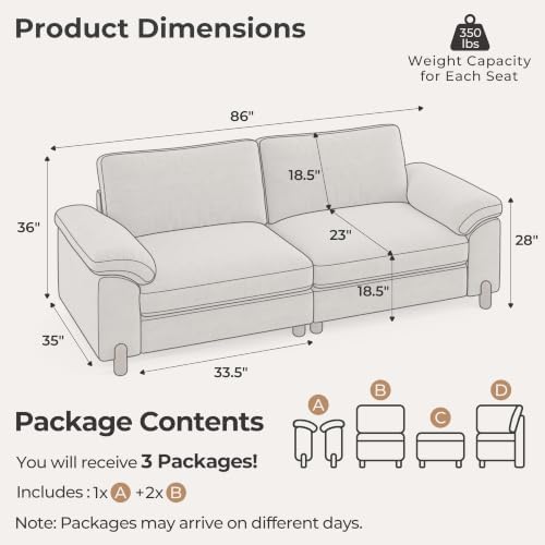 SITJOY Cloud Couch Sectional, 2 Seater Loveseat Chenille in Light Gray | Detachable and Washable Cover, Sectional Sofas for Living Room, Deep Seat Wide Couch