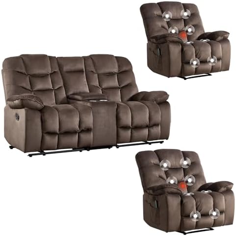 HAOMARKETS 3 Pieces Recliner Sofa Furniture Set, Include 2 Power Recliner Chairs with Message&Heat and a Manual Loveseat with Hidden Storage and Cup Holders for Living Room, Brown