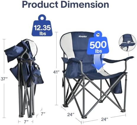 Alvantor Heavy Duty Folding Camping Chair, 500 LBS Oversized Outdoor Chair with Padded 600D Nylon Seat, Insulated Cooler Pocket, Portable for Hiking, Sports, Backyard