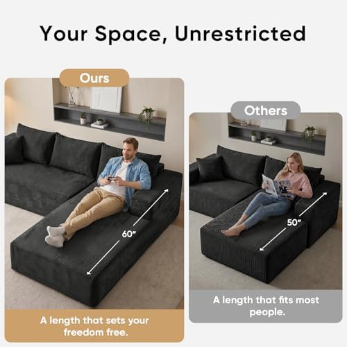 103" L Shaped Sectional Couch for Living Room, Modular Cloud Sofa | Modern Comfy Deep Seat Memory Foam Couch in Box, No Assembly, Right Facing Chaise (1CM Wide Striped Corduroy, Black)