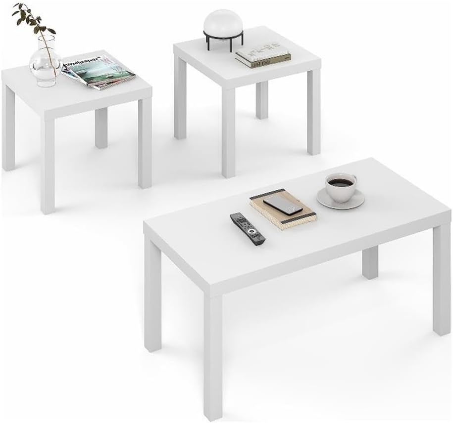 Pemberly Row 3-Piece Living Room Table Set, Includes Coffee Table & 2 Side Tables, Durable Engineered Wood, White Finish, Thick Tabletops, Modern Design, Sturdy Furniture for Living Room or Office