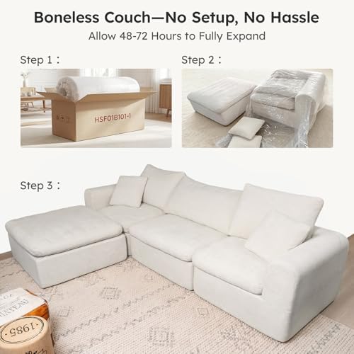 Modular Sectional Cloud Sofa, No Assembly Oversized Couch, Beige | Comfy Seating with High Back Pillows, Ideal for Living Room & Small Apartment, Durable Fabric for Families & Renters