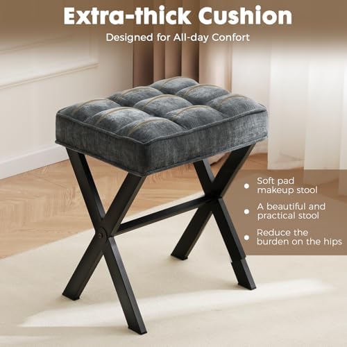 Makeup Chair, Modern Luxury Vanity Stool with Linen Plush Seat | Compact X Base Vanity Bench for College Dorm, Small Upholstered Foot Rest for Living Room(X-Gray)
