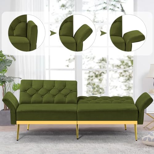 Velvet Sofa Set w/Adjustable Armrests & Backrests, Olive Green | Tufted Accent Chair w/Ottoman & Convertible Futon Sofa Bed, 2 Pieces Comfortable Couch Set for Living Room, Apartment