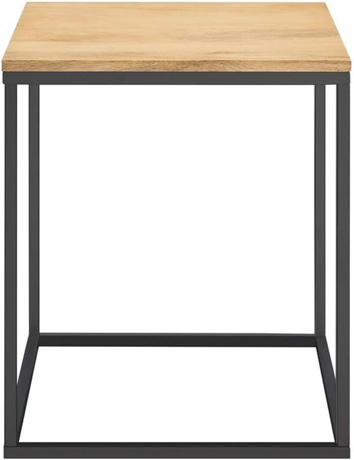 Pemberly Row Contemporary Square Wood and Metal Side Table, Solid Mango Wood Top, Powder-Coated Metal Frame, Oak Finish, 16.1 x 16.1 x 18.5 in, Non-Marking Floor Glides, Modern Accent Table for