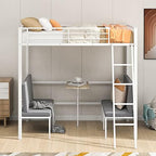 Twin Size Metal Loft Bed with Built-in Wooden Table and Upholstery Chairs Set for Kids Teens, Full Length Guardrails Inclined Ladder, Bedroom, Dorm, Space Saving (White-with Built-in Table)