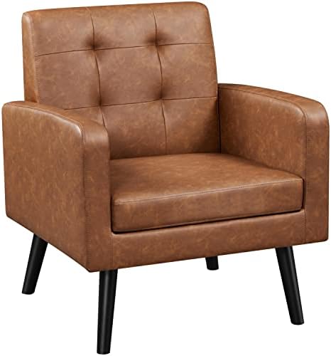 Yaheetech Mid Century Accent Chairs Set of 2 Living Room Chairs Retro Brown | Faux Leather Upholstered Sillones Para Sala, Modern Reading Nook Chairs, Button Tufted Back, Rubberwood Legs, Bedroom Office