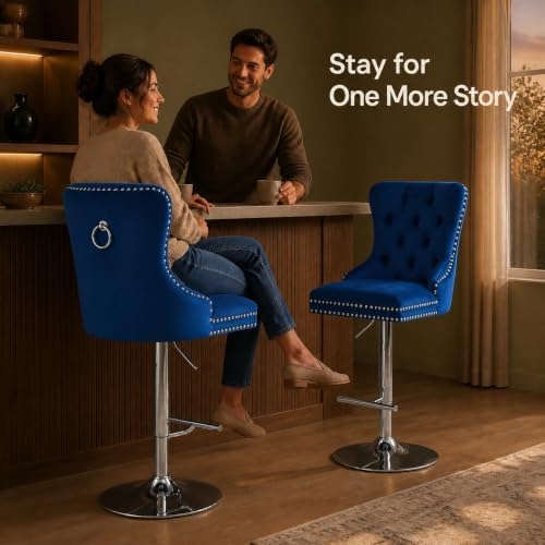 Blue Modern Swivel Bar Stools Set of 2, Velvet Counter Height Bar Stools for Kitchen Island, Adjustable Bar Chairs Barstools, Tufted Back, Silver Base, Sillas para Barra de Cocina (Blue, 2 Pcs)