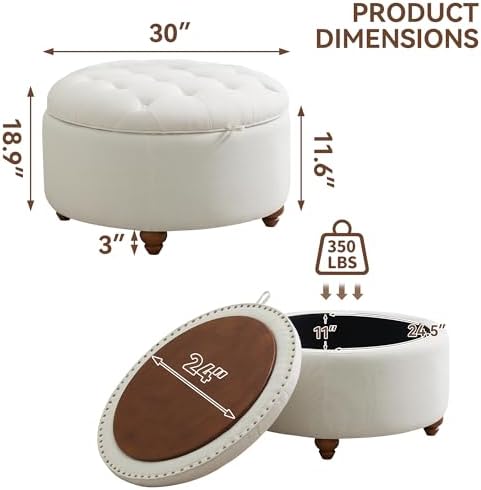 WUTUTUEE 30Inch Round Storage Ottoman with Tray, Modern Tufted Fabric Circle Coffee Table with Storage, Upholstered Ottoman with Removable Top for Living Room, Bedroom, Beige