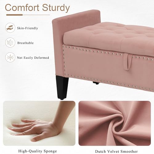 Velvet Ottoman with Storage, 46'' Upholstered Button Tufted End of Bed Bench with Arms, Modern Storage Bench for Living Room, Bedroom, Entryway, Pink