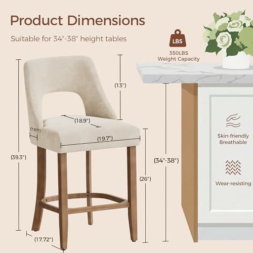 UVV Bar Stools Set of 4, Upholstered Counter Height Bar Stools, Modern Counter Stools with Wood Legs for Kitchen Island Dining Room Bar, Beige