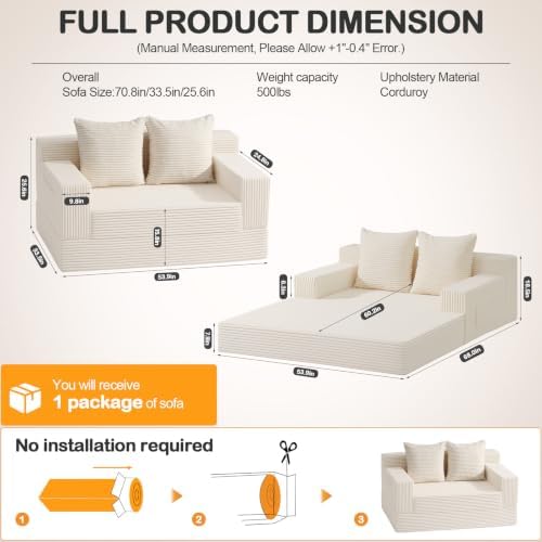 Erament Convertible Sofa Bed, Loveseat Folding Floor Futon Sleeper Sofa Couch Bed Foldable Couch, Corduroy Pull Out Sofa Bed with 2 Pillows for Living Room & Bedroom
