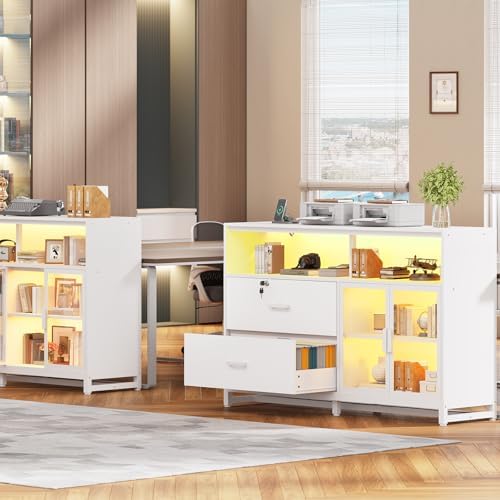 SEDETA 59" Filing Cabinet with Lock Drawers fits Legal Size for Home Office | White Lateral 2 Drawers File Cabinet with Acrylic Display Cabinet, Power Strip, Printer Stand with Storage Shelves for Office