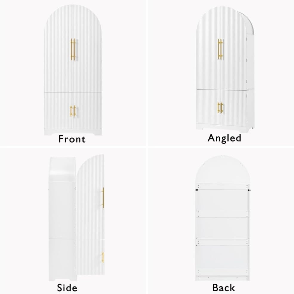 72" Tall Arched Kitchen Pantry Cabinet, Fluted Storage Cabinet with 8 Door Shelves, 3 Adjustable Shelves & Hidden Drawer for Kitchen Dining Bathroom (White)