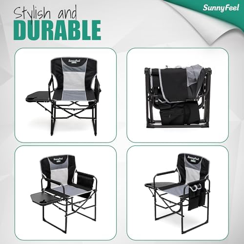 SUNNYFEEL Oversized Camping Chair Portable Directors Chairs with Side Table | Heavy Duty Folding Lawn Chair for Adults 300LBS with Compact Size, Breathable Mesh, Pocket & Carry Bag for Outdoor, Lawn, RV