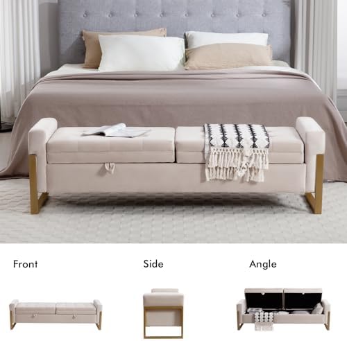 67" Storage Bench for Bedroom, End of Bed Bench King Size, Beige | Double Lids Storage Ottoman Bench with Golden Legs, Upholstered Velvet Bench for Foot of Bed Window Living Room Entryway