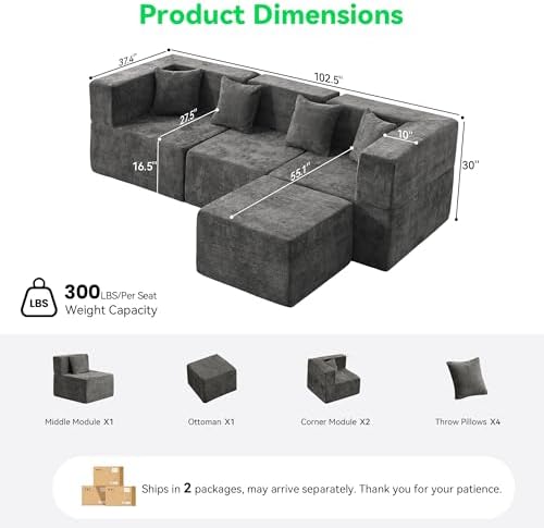 MONVANE L Shaped Sectional Couch Oversized, Chenille, Gray | 4-Seat Sectional Couch for Living Room, Modular Cloud Sofa with Ottoman & 4 Throw Pillows, No Assembly Required