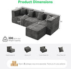 MONVANE L Shaped Sectional Couch Oversized, Chenille, Gray | 4-Seat Sectional Couch for Living Room, Modular Cloud Sofa with Ottoman & 4 Throw Pillows, No Assembly Required