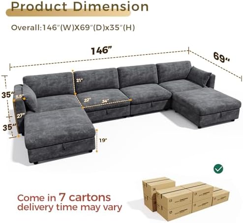 KKL Modular Sectional Couches for Living Room, U Shaped Sofa Couch with Adjustable Backrest, Chenille 6 Seater Sofa Couch with Convertible Ottoman and Comfy Cushion, Grey
