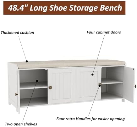 HOMEFORT 48.4" Shoe Storage Bench with Cushion, Entryway Bench with Paddded Seat, 2-Tier Shoe Cabinet Bench with Adjustable Shelves and 4 Doors, Wooden End of Bed Bench, for Bedroom, Hallway, White