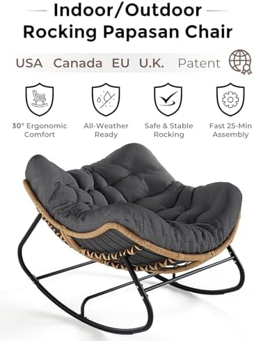 SWITTE Outdoor Rocking Papasan Chair with Thick Cushion, Dark Gray | Oversized Modern Wicker Lounge Rocker with Comfy Cushion, Cozy Egg Chair Steel Frame for Patio, Porch,or Indoor Reading Nook