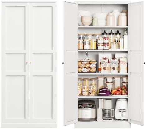 Yizosh Metal Storage Cabinet - 71" White Kitchen Pantry with 2 Doors and 4 Adjustable Shelves, 4-Tier Tall Steel Locker for Living Room, Dining Room