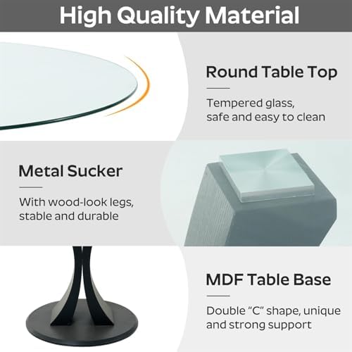 Round Dining Table, 47" Glass Dining Table for 4-6, Glass Kitchen Table with Robust Pedestal for Apartment Home Kitchen Living Room(Black)