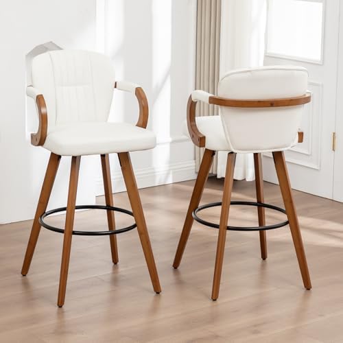 26" Swivel Counter Height Bar Stools with Back White Faux Leather Kitchen Island Bar Chairs with Arms,Spliced Pleated Wingback Barstools for Bar/Kitchen/Dining Room,Set of 2