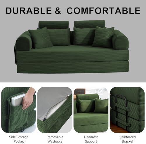 79" Convertible Futon Sofa Bed,High Back Couch for Living Room | 5-in-1 Corduroy Loveseat Sleeper, Futon Couch with Ergonomic Support & Side Storage Pocket, No Assembly,Olive Green