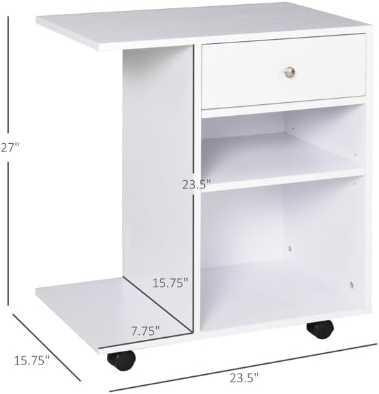 23.5" W x 15.75" D x 27" H White End Table, Side Table, Mobile Printer Table with Storage Shelf, Rolling Printer Cart with Wheels for Home Office, Stand for Heat Press Mini Fridge (White)