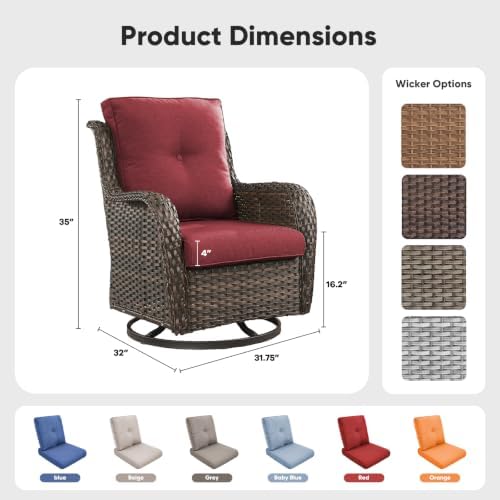 Belord Outdoor Swivel Chairs Set of 2,Patio Wicker Rocker Chairs,All Weather Patio Conversation Furniture Set, Ideal for Porch Balcony Deck Yard, Brown Wicker/Red