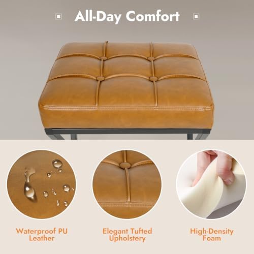 Bar Stools Set of 2, 26 Inch Counter Height Stool Faux Leather Brown | Backless Counter Stools with X-Frame Metal Legs, 3.3" Upholstered Seat, Mid-Century Modern, for Kitchen Island, Home Bar