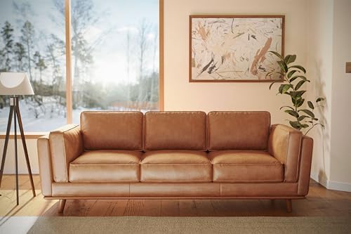 Valencia Artisan Full Leather Sofa 88” - Pure Full Italian Nappa Leather Couch, Solid Wood Accent, Ultimate Comfort, Cognac Tan