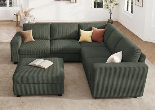 HONBAY Corduroy Sectional Sofa with Storage Ottoman, 6 Seaters L Shaped Small Sectional Couch for Living Room, Green