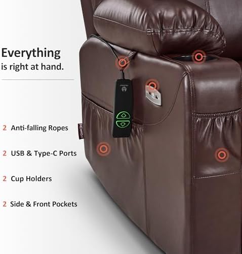 MCombo Power Lift Recliner Chair for Elderly, Heat and Massage 7040(Medium) | FSC Certified, Multiple Sizes, USB&Type C Charging Port, Cup Holders, Side Pockets, Dark Brown Faux Leather