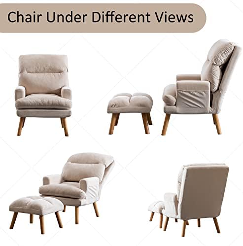 INZOY Accent Chairs with Ottoman Set, Modern Velvet Armchair with Adjustable Backrest, Comfy Lounge Chair for Living Room Bedroom, Beige