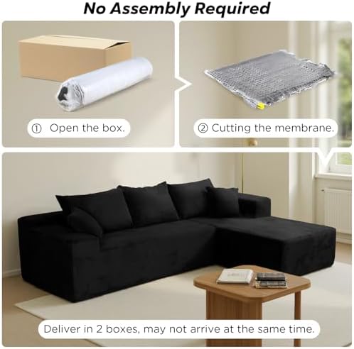 103" L Shaped Sectional Couch for Living Room, Modular Cloud Sofa | Modern Comfy Deep Seat Memory Foam Couch in Box, No Assembly, Right Facing Chaise (1CM Wide Striped Corduroy, Black)