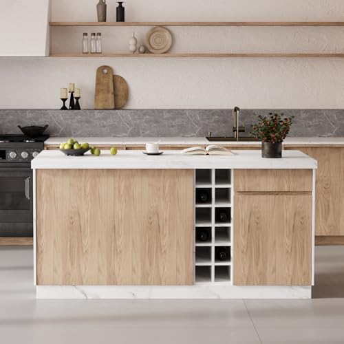 homary 72" Large White Kitchen Island with Storage & LED Lights, Wood Freestanding Island with Wine Rack, Drawers, Cabinet & Shelves, Modern for Kitchen & Dining Room