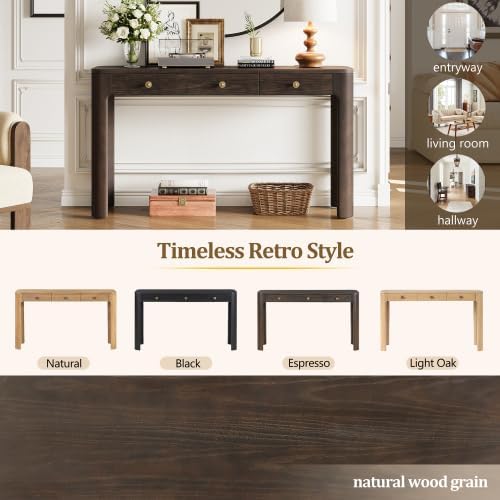 Bellemave 52" Rustic Console Table with 3 Drawers & Curved Corners, Wooden Sofa Tables Behind the Couch, Narrow Entryway Table with Thick Legs for Entrance, Hallway & Living Room (Espresso)