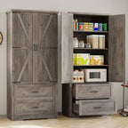 BORNOON Pantry Organizers and Storage Cabinet, 71” Barn Door White Kitchen Cabinet with Drawers and Adjustable Shelf, Tall Pantry for Kitchen, Dining Room, Living Room. Bathroom and Office