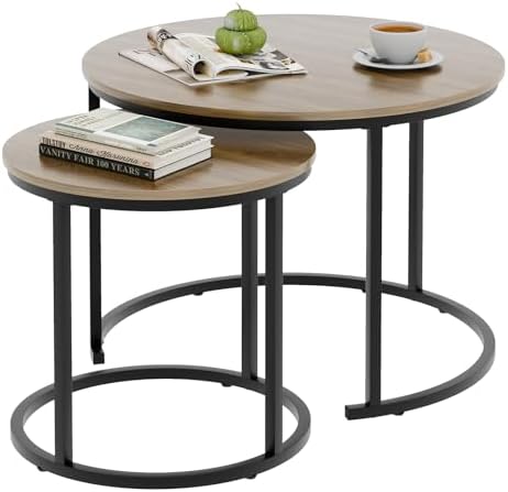 aboxoo Coffee Table Nesting Side Round Table Set of 2 End Table with Sturdy Metal Frame for Living Room Bedroom Apartment Modern Industrial Simple Nightstand,Oak