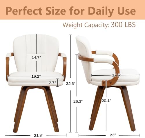 Swivel Dining Chairs Mid Century Modern White Faux Leather Upholstered Kitchen Chairs with Bentwood Frame Armrests Side Chairs,Comfortable Ergonomic Wood Accent Chair No Wheels,1PCS