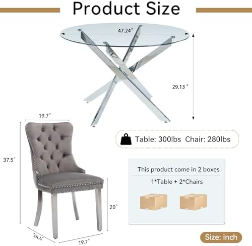 HomVent Silver Round Glass Dining Table Set for 2 with 2 Grey Velvet Chair | 47''Glass Kitchen Table Set Round Table Set of 2, Dining Room Table Set with Glass Top for Dining Room Home Family Gathering
