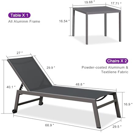 PURPLE LEAF Patio Chaise Lounge Set for 2, Oversize Seat, Grey | Reinforced aluminum frame with angled legs supports up to 320 lbs, providing solid stability without sagging or rocking