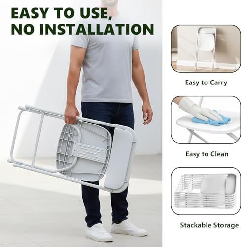 Plastic Folding Chair 10 Pack, White Foldable Chairs with 350 lbs Capacity, Indoor Outdoor Heavy Duty Metal Folding Chairs, Portable Chairs for Home, Office, Party, Wedding,Patio