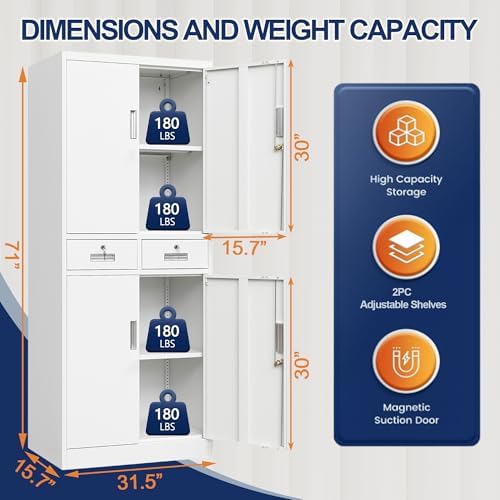 BESFUR Metal Storage Cabinet with 2 Drawers 4 Doors and 2 Adjustable Shelves Garage Storage Cabinet with Lock 71" Office Storage Cabinets Locking Cabinets for Garage Office Shop Home (White)