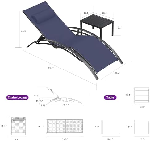 PURPLE LEAF Pool Lounge Chaise Set of 3 Outdoor Lounger Chair, Navy Blue | 2 Chaise + 1 Table, Aluminum Frame, Adjustable Headrest & 5 Recline Angles, Stackable, UV Textilene Fabric, S-Curve Backrest