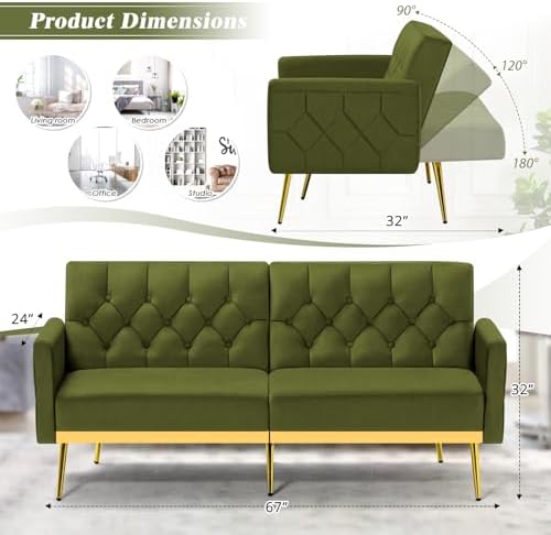Velvet Sofa Set w/Adjustable Armrests & Backrests, Olive Green | Tufted Accent Chair w/Ottoman & Convertible Futon Sofa Bed, 2 Pieces Comfortable Couch Set for Living Room, Apartment